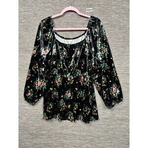 Cato Velvet Peasant Blouse 18/20W Black Pink Rose Floral Cottage Core Coquette